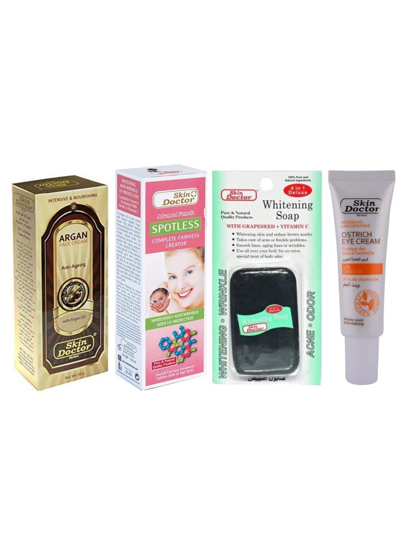Skin Doctor Whitening Soap 4in1 80gm, Ostrich Eye Cream wrinkle cover 30 gm, Spotless Fairness whitening Cream and argan face cream (set of 4)
