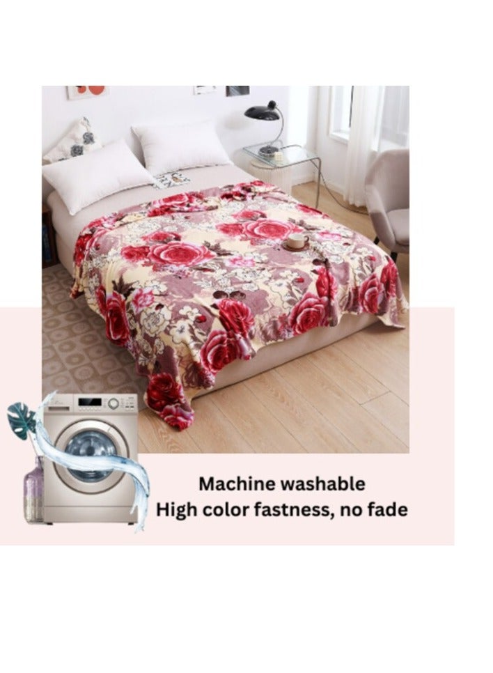 LUNA HOME Fleece Blanket 200*230cm Super Soft Throw Cream color with Rose Design.