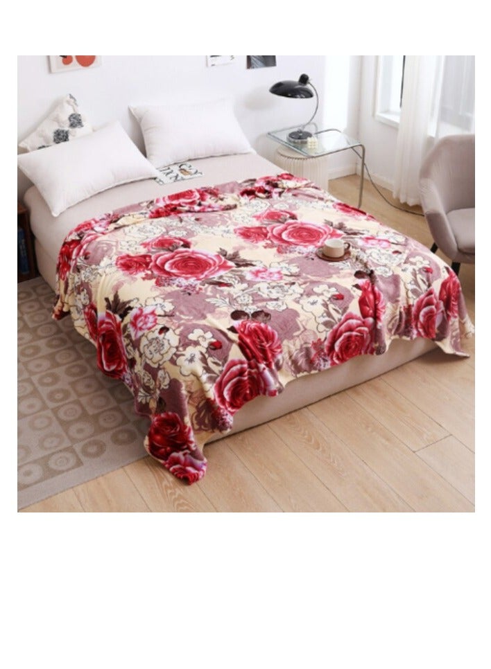 LUNA HOME Fleece Blanket 200*230cm Super Soft Throw Cream color with Rose Design.