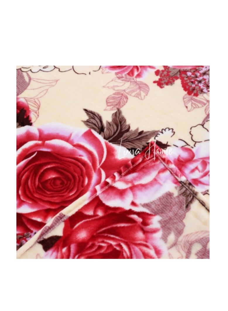 LUNA HOME Fleece Blanket 200*230cm Super Soft Throw Cream color with Rose Design.