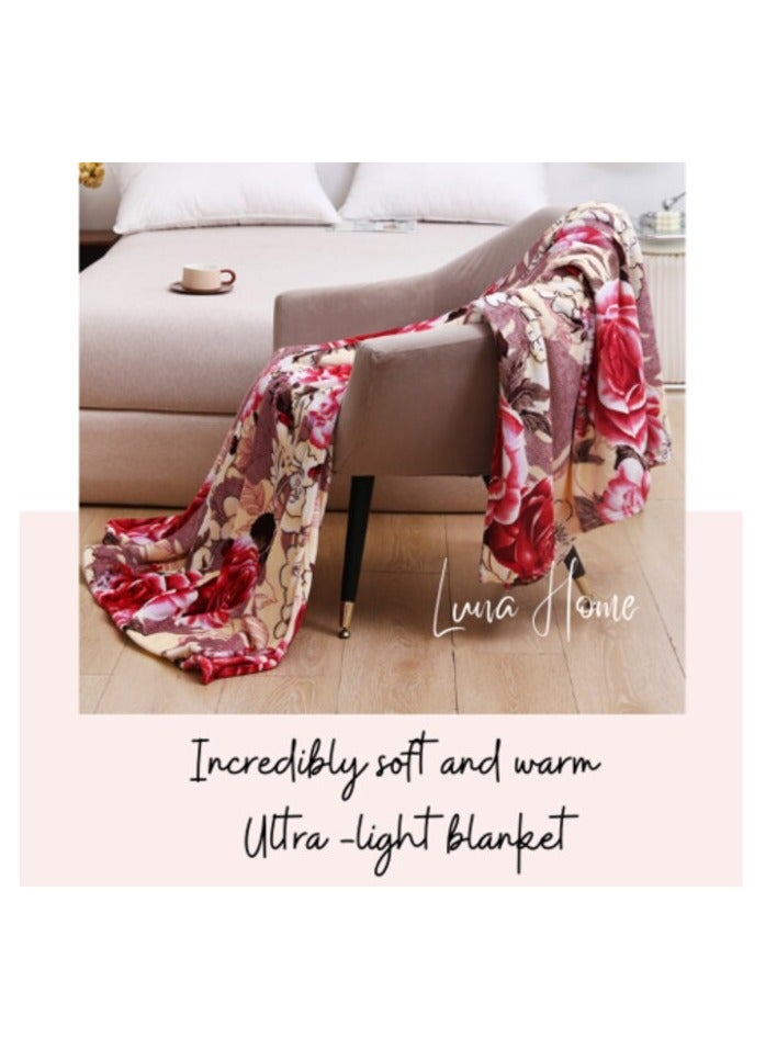 LUNA HOME Fleece Blanket 200*230cm Super Soft Throw Cream color with Rose Design.