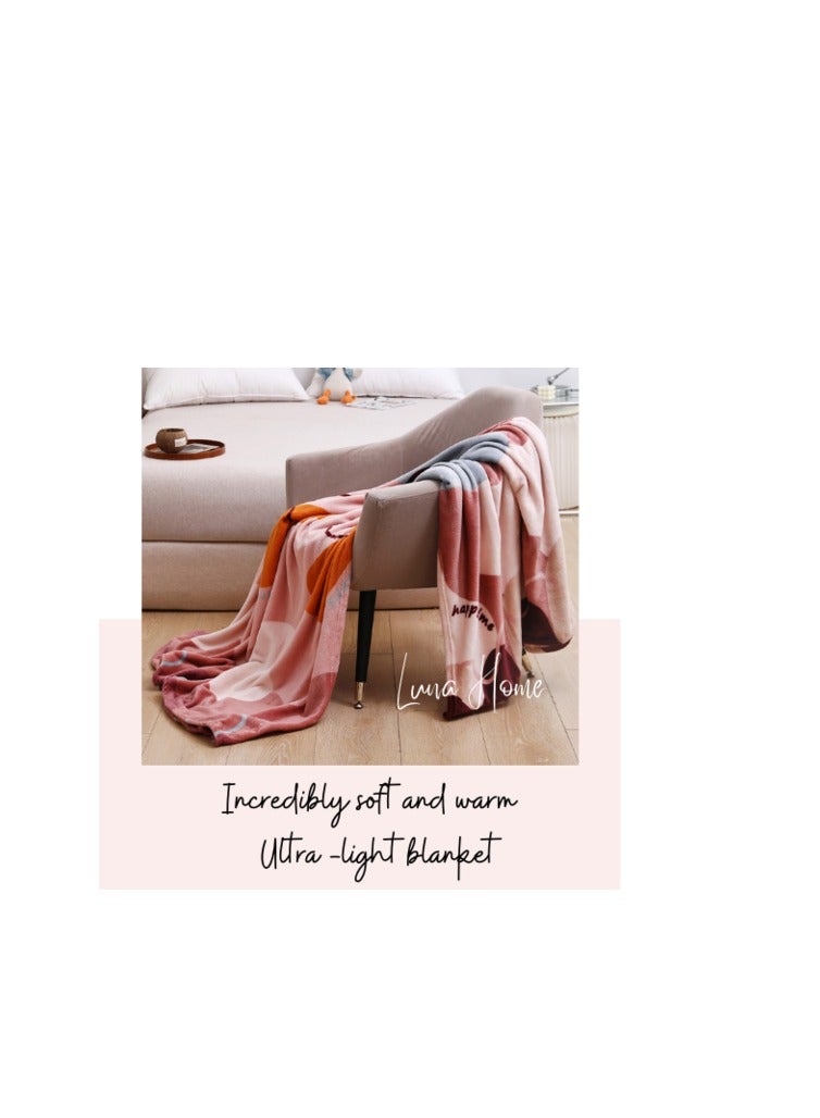 LUNA HOME Fleece Blanket 200*230cm Super Soft Throw Geometric Design, Old Rose Color.