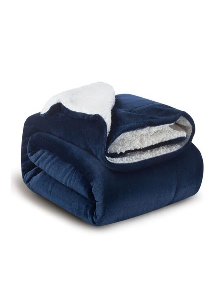 Sherpa Blanket Single Size Twin Plush Throw Bed Blanket, 160X220cm, Flannel Fleece Reversible Lamb Blanket, Navy Blue