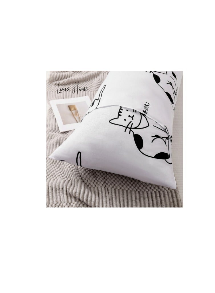 LUNA HOME 1 Piece Long Body Pillow Case, Cute Cat Design White Color