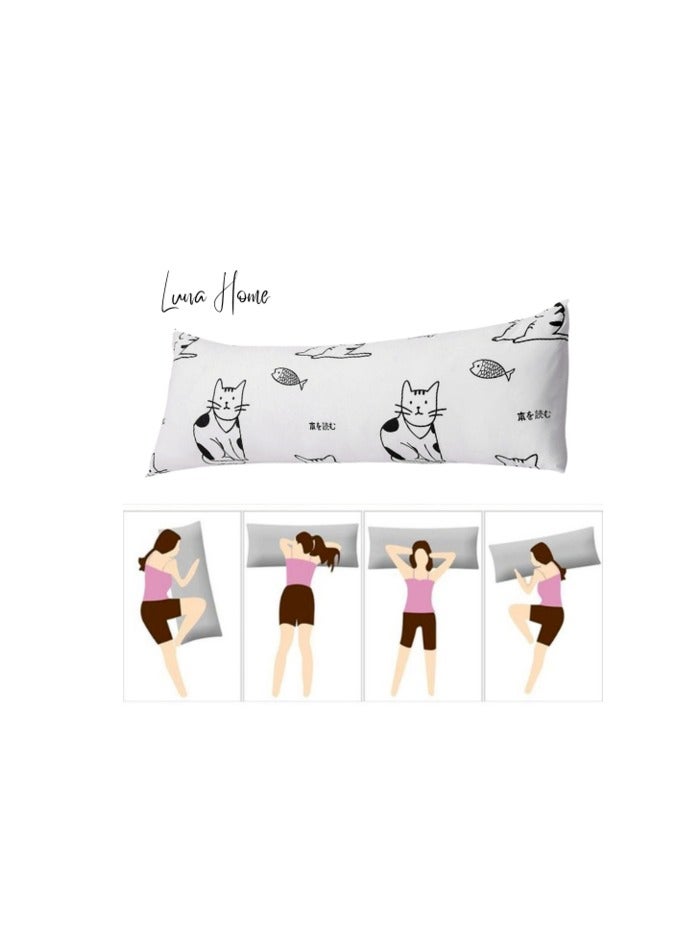 LUNA HOME 1 Piece Long Body Pillow Case, Cute Cat Design White Color