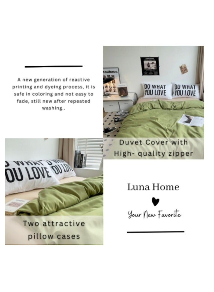LUNA HOME Premium Single Size 4 Pieces Constructor Design with 2 eye-catching pillowcases, Plain Beige Bedsheet and Olive Color Duvet Cover without filler.