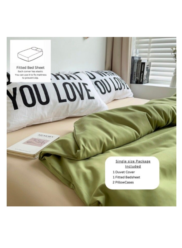 LUNA HOME Premium Single Size 4 Pieces Constructor Design with 2 eye-catching pillowcases, Plain Beige Bedsheet and Olive Color Duvet Cover without filler.