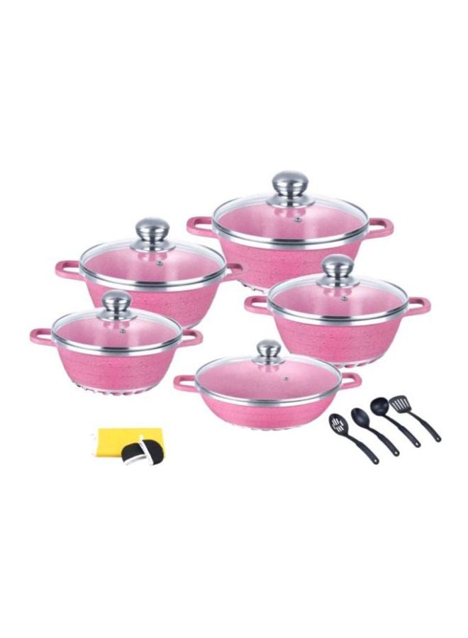 17-Piece Granite Cookware Set Pink/Clear/Silver 3x Casserole 20, Big Casserole 32, Shallow Casserole 28cm