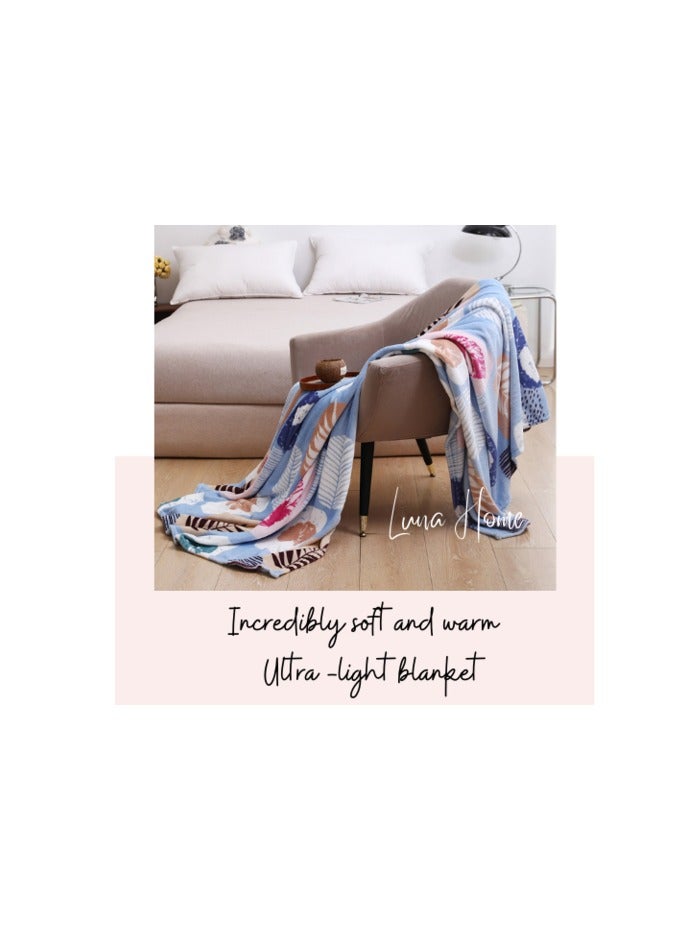 Fleece Blanket 200*230cm Super Soft Throw Blue Color with Lovely Leaf Design.