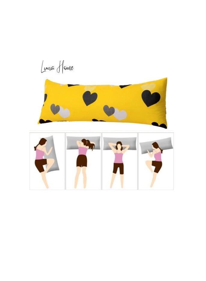 LUNA HOME 1 Piece Long Body Pillow Case, Yellow Color with Hearts Design