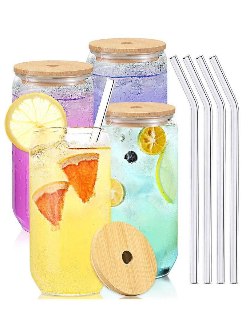 Can Shaped Glass Cups with Glass Straw and Bamboo Lids 4 Pcs 500 Ml Transparent Water Cup Juice Drink Cup Drinking Cups with Straw for Water and Mixed Drink for Any Drink and Any Occasion