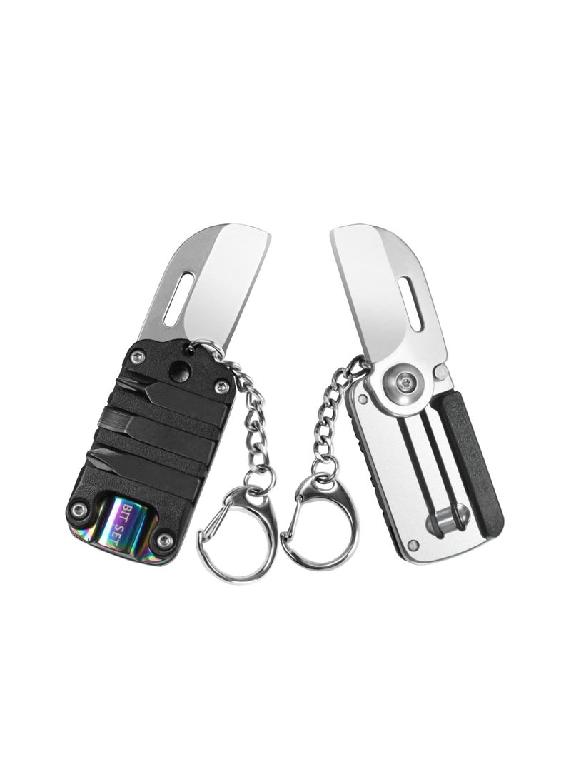 Small Pocket Knife, Mini Keychain Knife, Tiny Stainless Steel Folding Knife, 2 PCS Pocket Knife with Keychain, Envelope Opener, Utility Knife, 1.2 Inch Blade, Mini EDC Tool with Screwdriver Bits