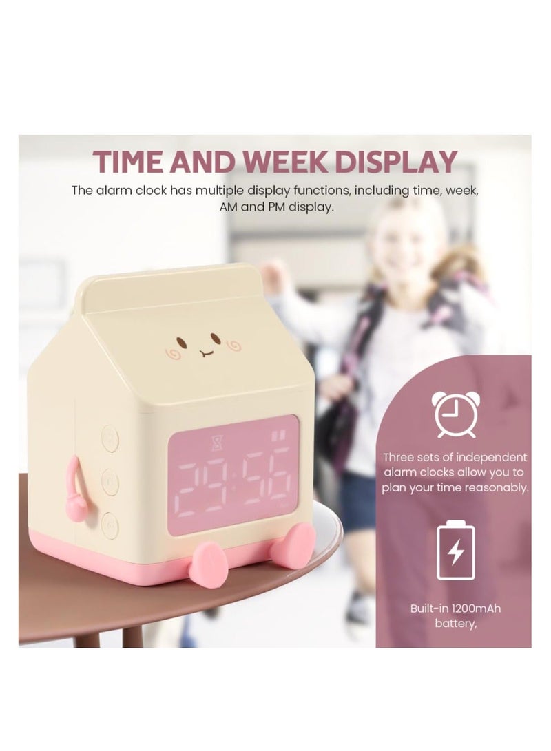 Kids Alarm Clock, Digital Clock for Bedroom, Cute Milk Box Shape Children Wake up 5 Minute Alarm, Rechargeable Bedroom Room Decor Birthday Gift(Pink)