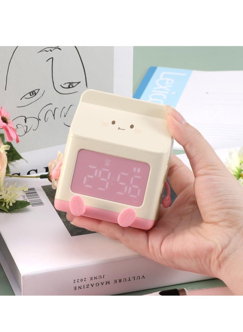 Kids Alarm Clock, Digital Clock for Bedroom, Cute Milk Box Shape Children Wake up 5 Minute Alarm, Rechargeable Bedroom Room Decor Birthday Gift(Pink)
