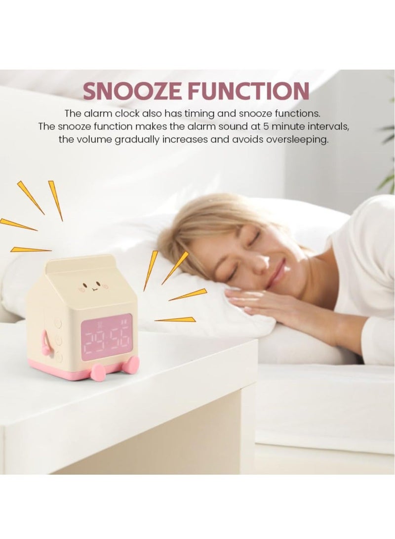 Kids Alarm Clock, Digital Clock for Bedroom, Cute Milk Box Shape Children Wake up 5 Minute Alarm, Rechargeable Bedroom Room Decor Birthday Gift(Pink)