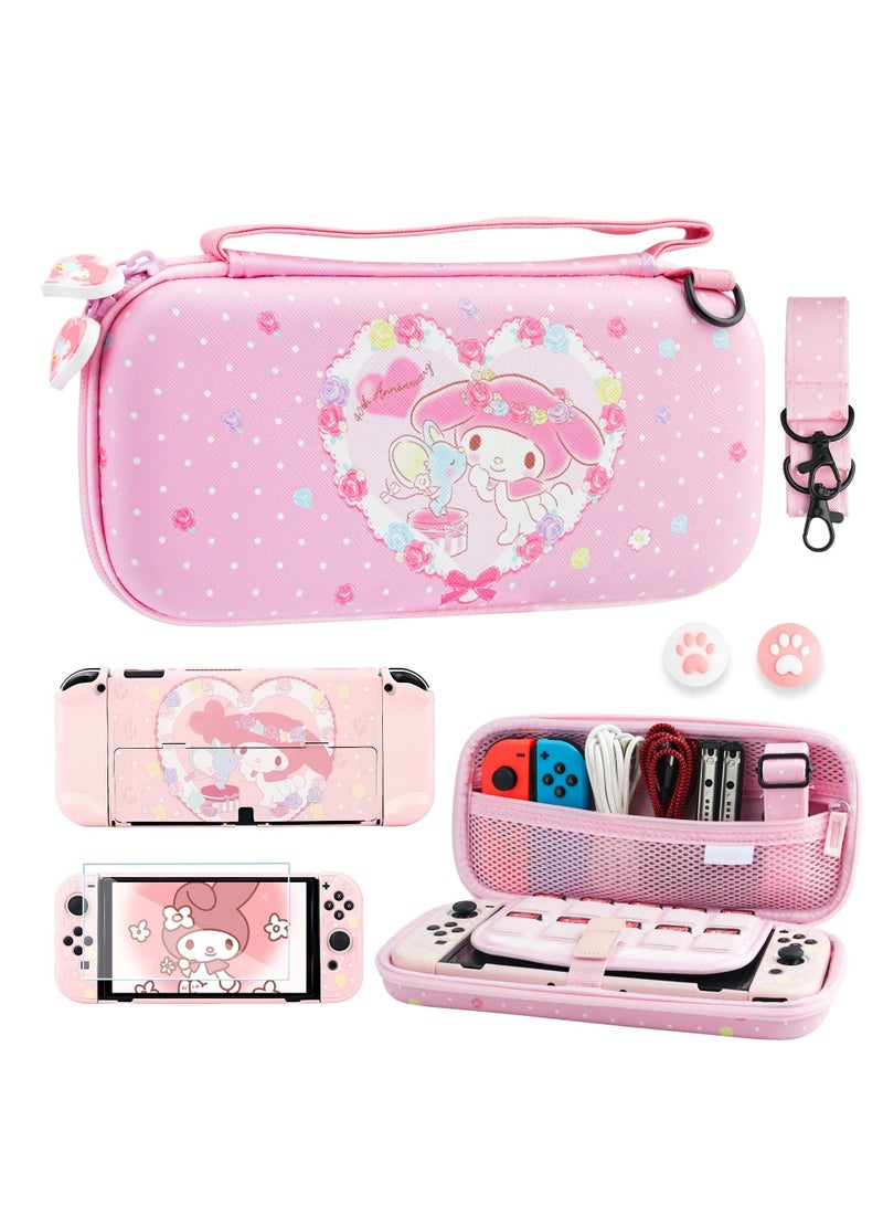 Pink Carrying Case with Bunny Pattern for Nintendo Switch OLED, Hard Storage OLED Protective Case, Shoulder Strap, Hand Screen Protector and 2 Thumb Caps