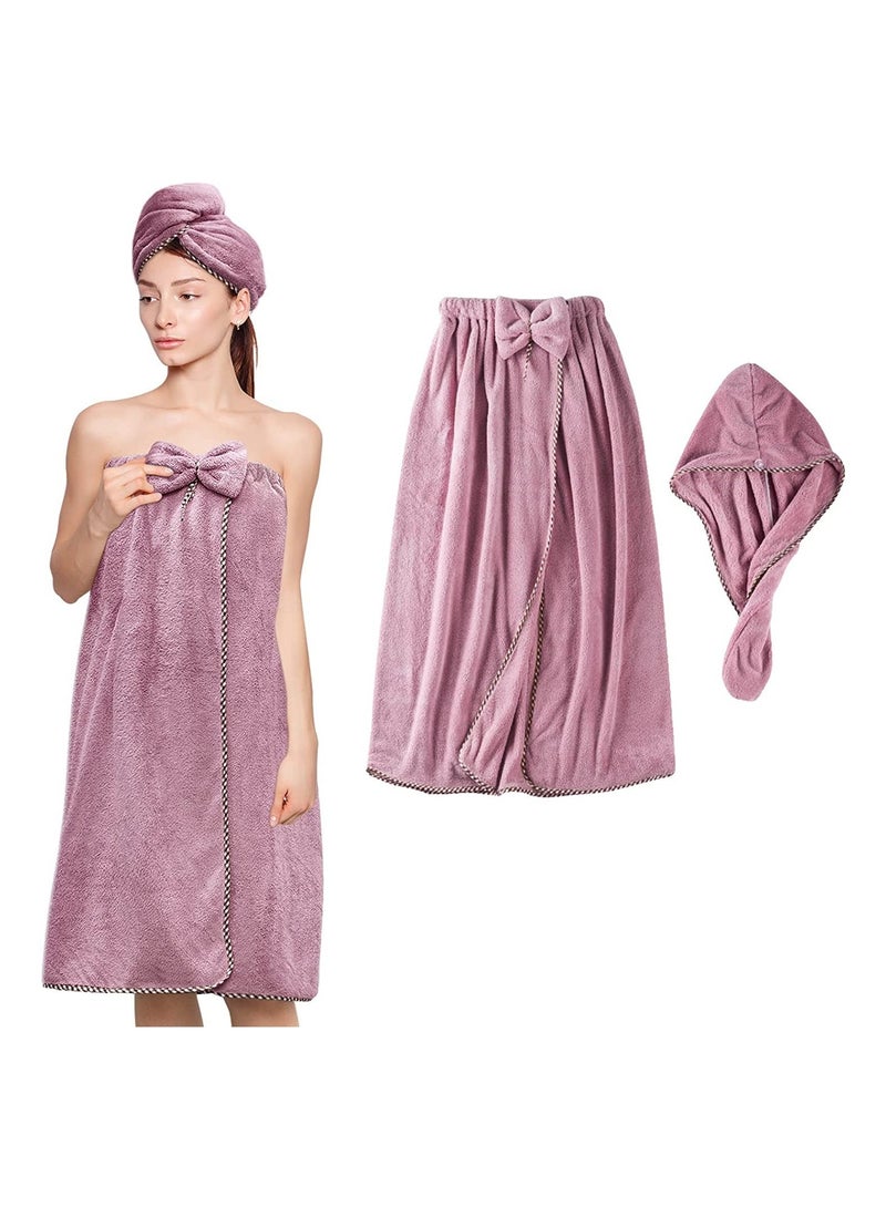 Women Microfiber Bath Towel Adjustable Soft Body Wraps Dress, Quick Drying Plush Hair Wrap with Turban, Super Absorbent, Purple