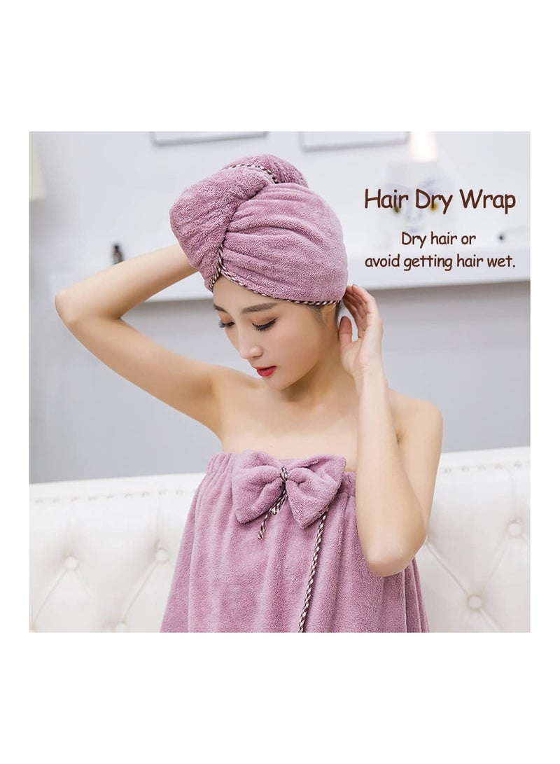 Women Microfiber Bath Towel Adjustable Soft Body Wraps Dress, Quick Drying Plush Hair Wrap with Turban, Super Absorbent, Purple