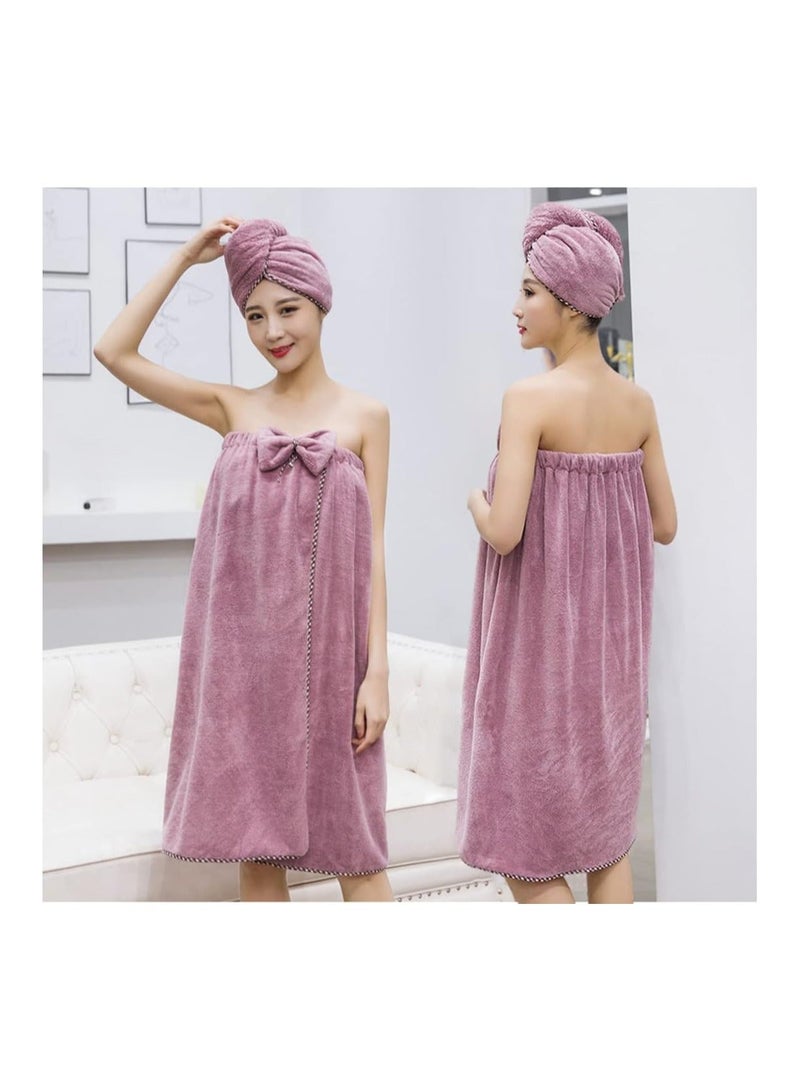 Women Microfiber Bath Towel Adjustable Soft Body Wraps Dress, Quick Drying Plush Hair Wrap with Turban, Super Absorbent, Purple