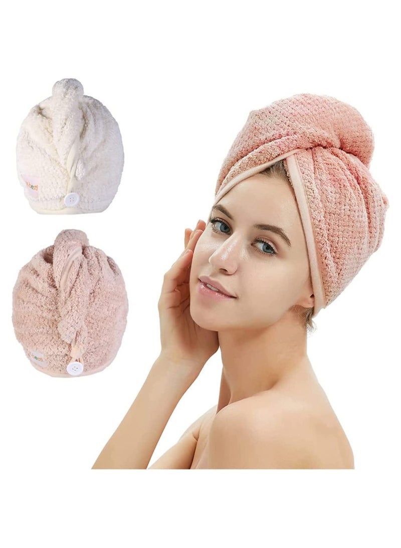 Hair Towel Wrap, Microfiber Drying Shower Turban with Buttons, Super Absorbent Quick Dry Towels for Curly Long Thick Hair, Rapid Head Wrap Women Anti Frizz 2 Pack