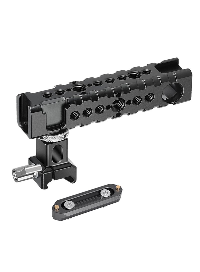 Camera Cage Top Handle Grip Quick Release NATO Rail with Cold Shoe Arri Locating Hole 15mm Rod Clamp Safety for Video Rig Camcorder Light Microphones