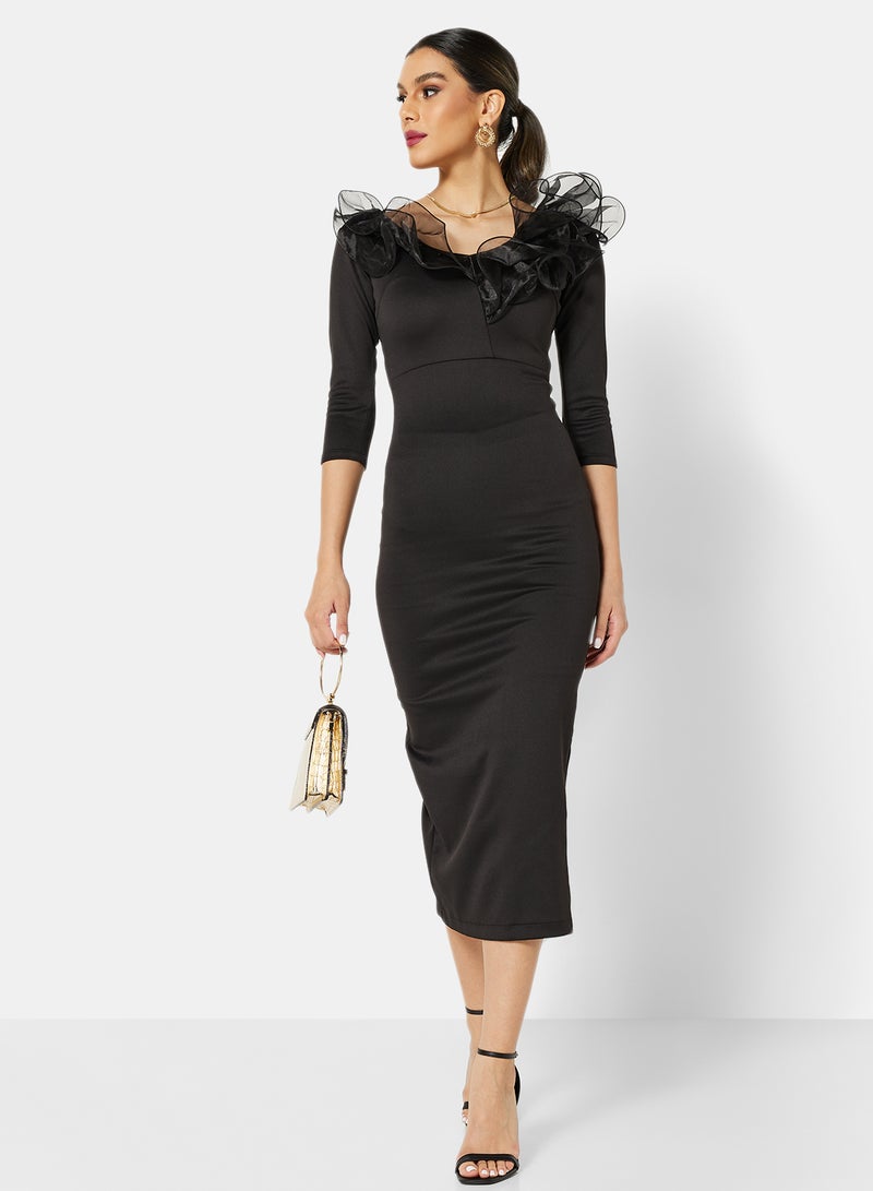 Ruffled Neck Dress Black