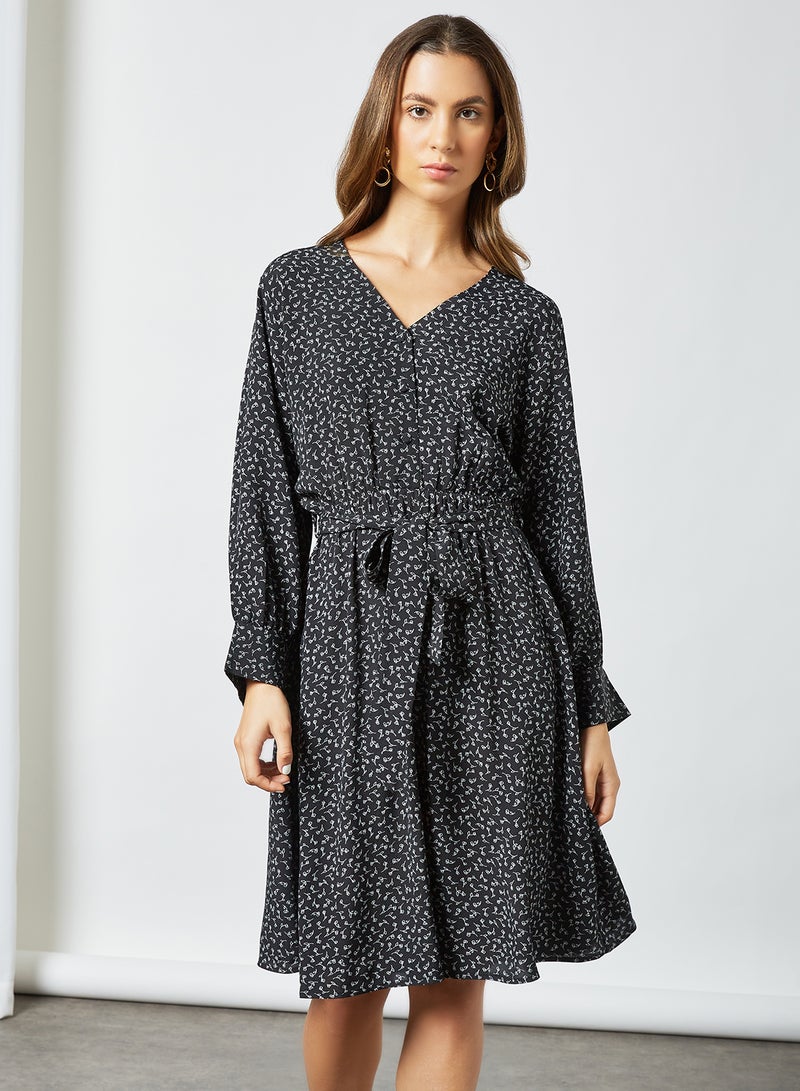 Printed Long Sleeve Dress Black