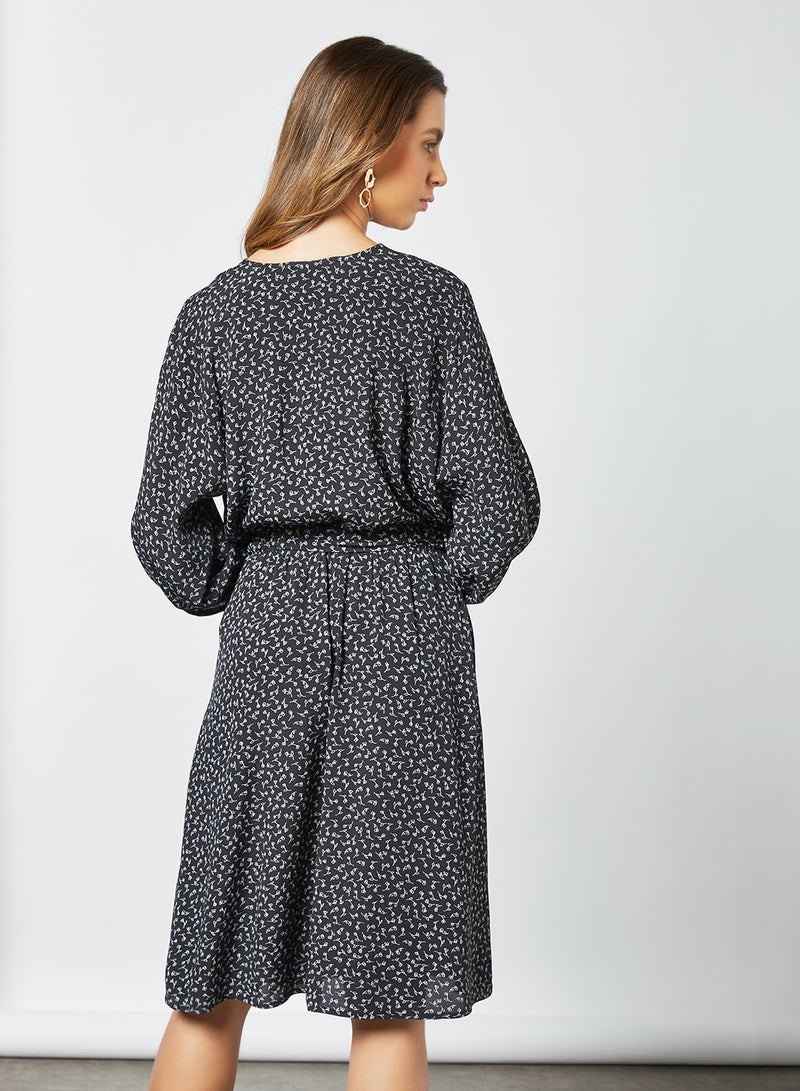 Printed Long Sleeve Dress Black