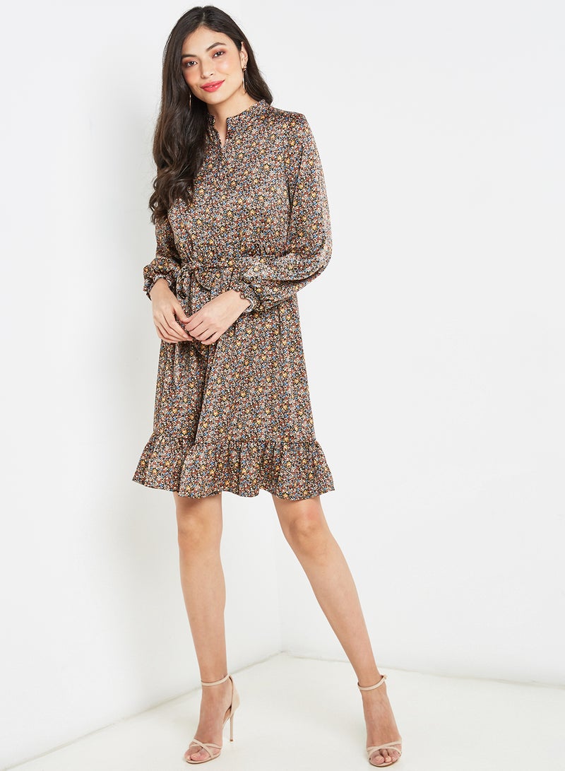 Patterned Waist Tie Dress Multicolour