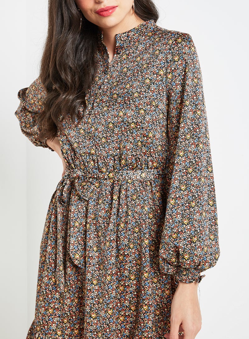 Patterned Waist Tie Dress Multicolour