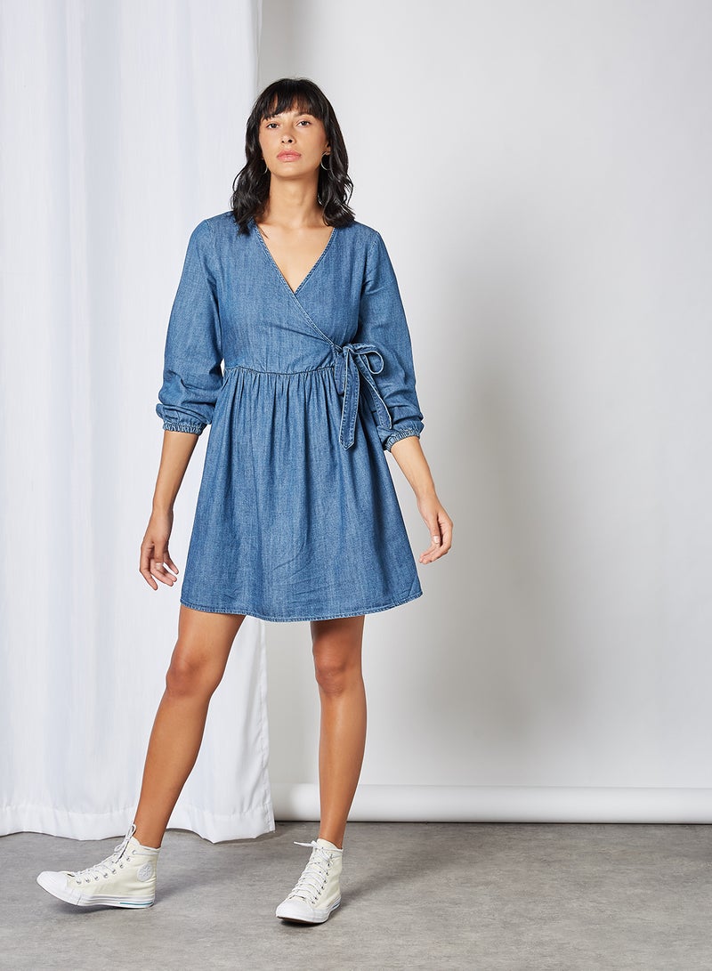 Overlap Front Denim Dress Medium Blue Denim