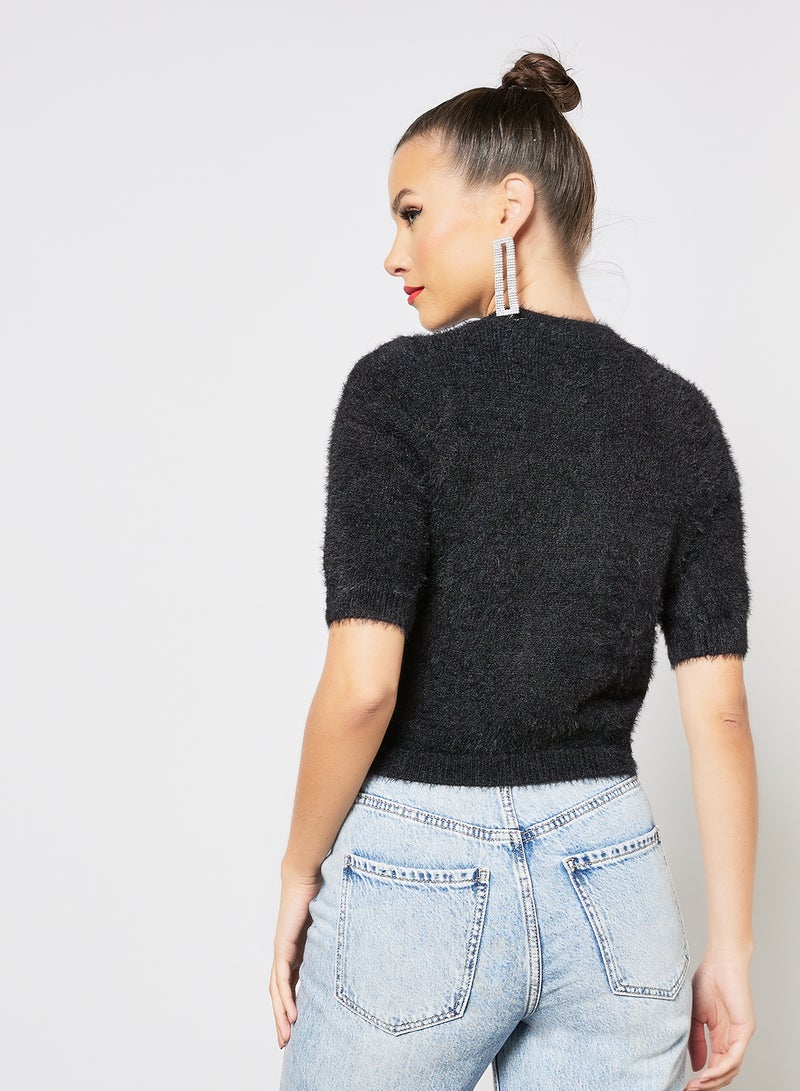 Fluffy Knit Sweater Top Black