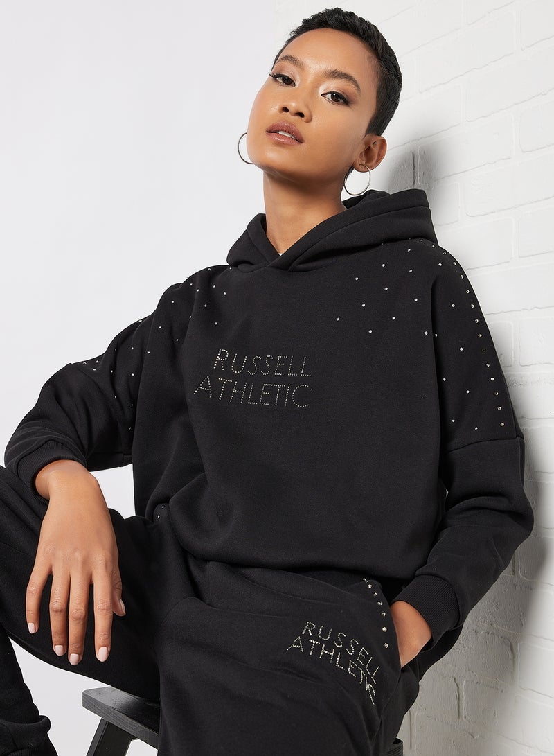 Logo Embellished Hoodie Black