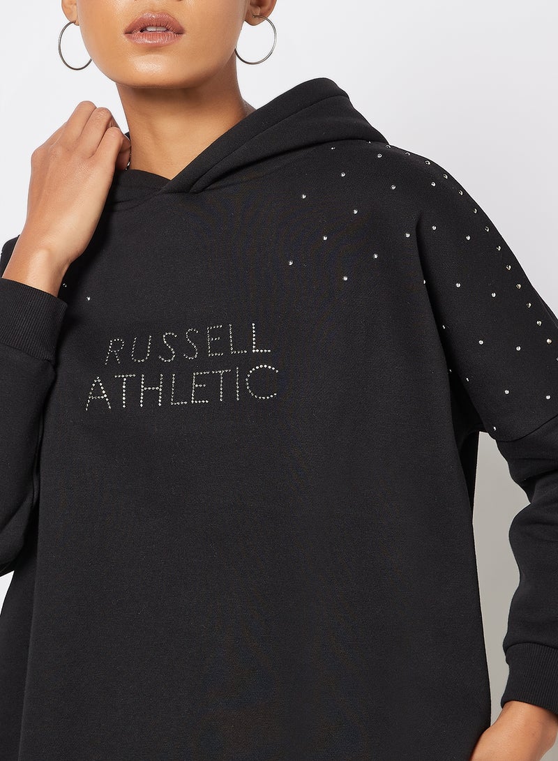 Logo Embellished Hoodie Black