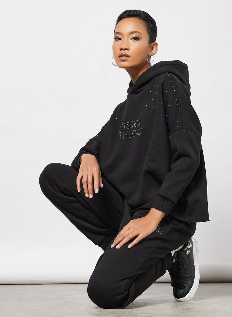 Logo Embellished Hoodie Black