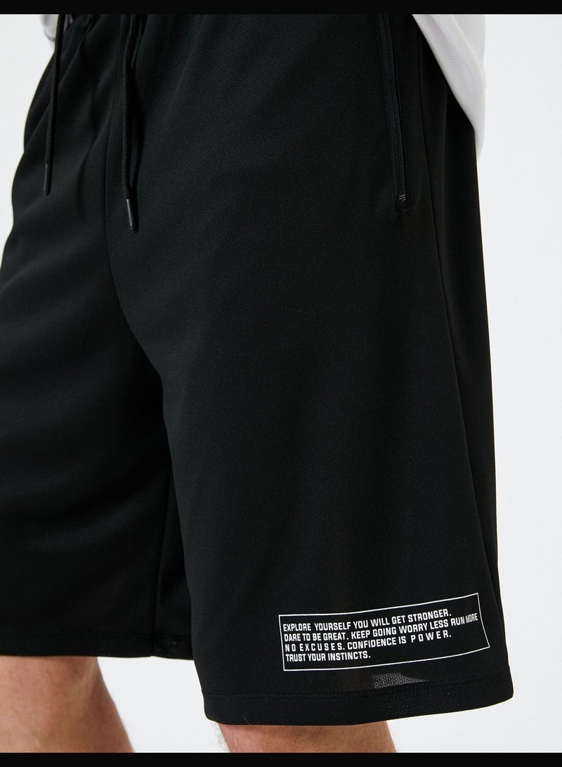 Drawstring Slogan Printed Pocket Detail Sport Shorts