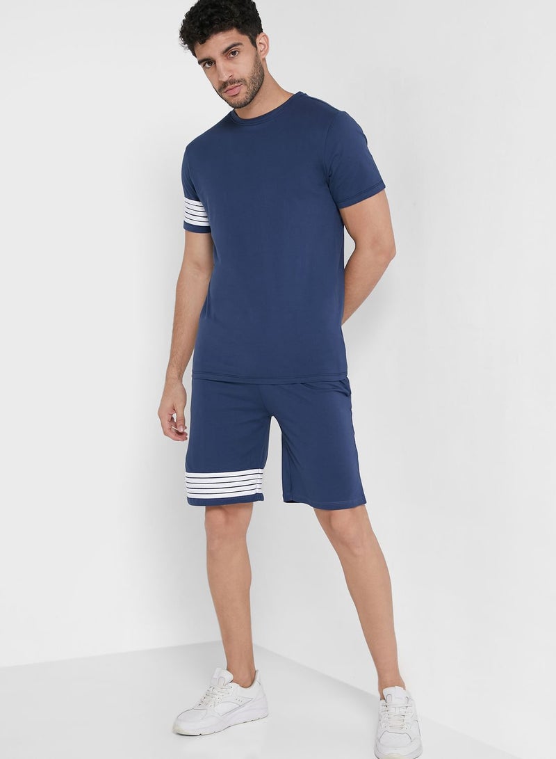 Striped Detailed T-Shirt & Shorts Set