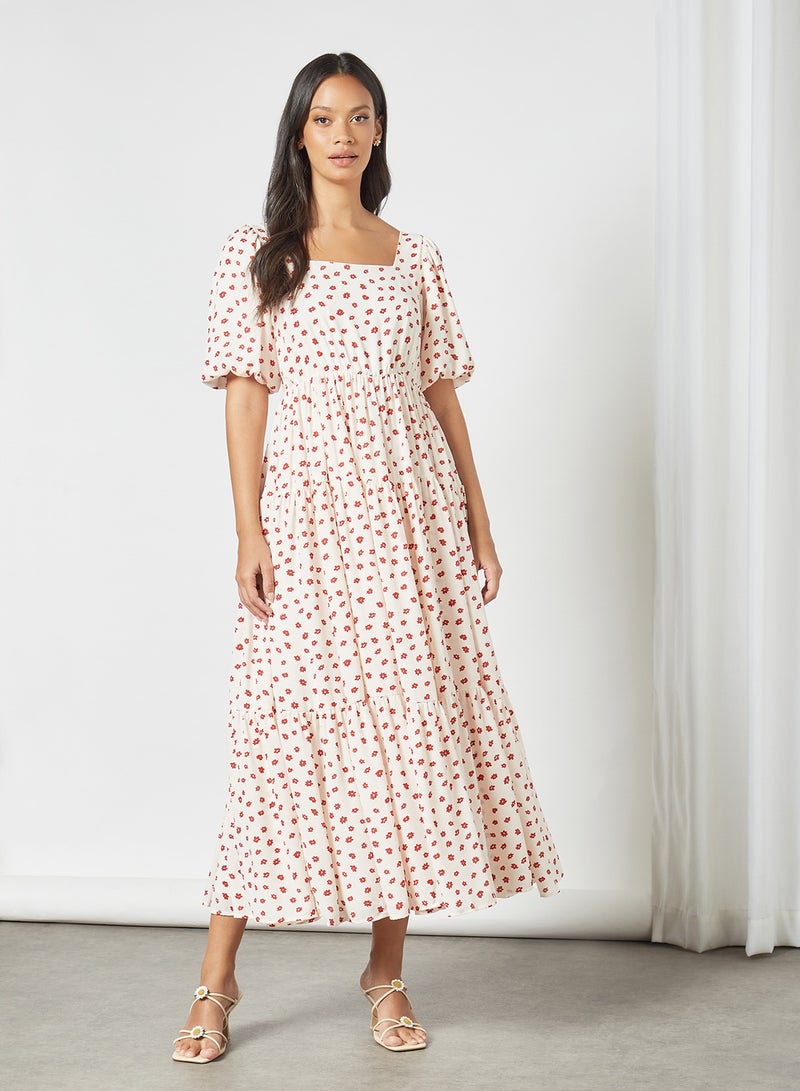 Floral Tiered Midi Dress Off-White