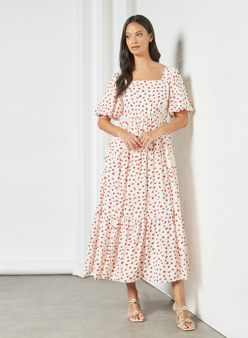 Floral Tiered Midi Dress Off-White