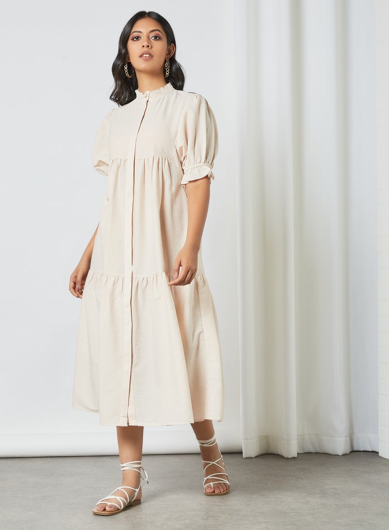 Tiered Button Down Dress Beige