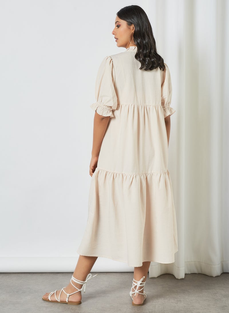 Tiered Button Down Dress Beige