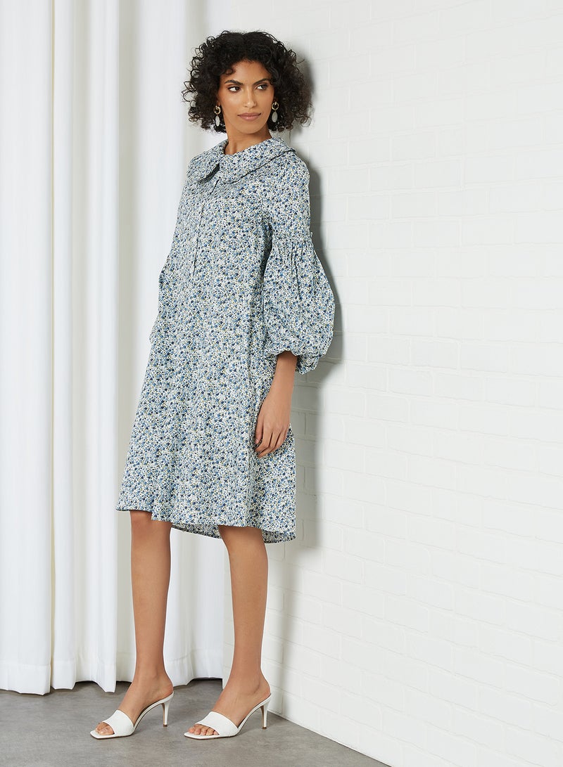 Voluminous Sleeve Dress White/Blue Flower