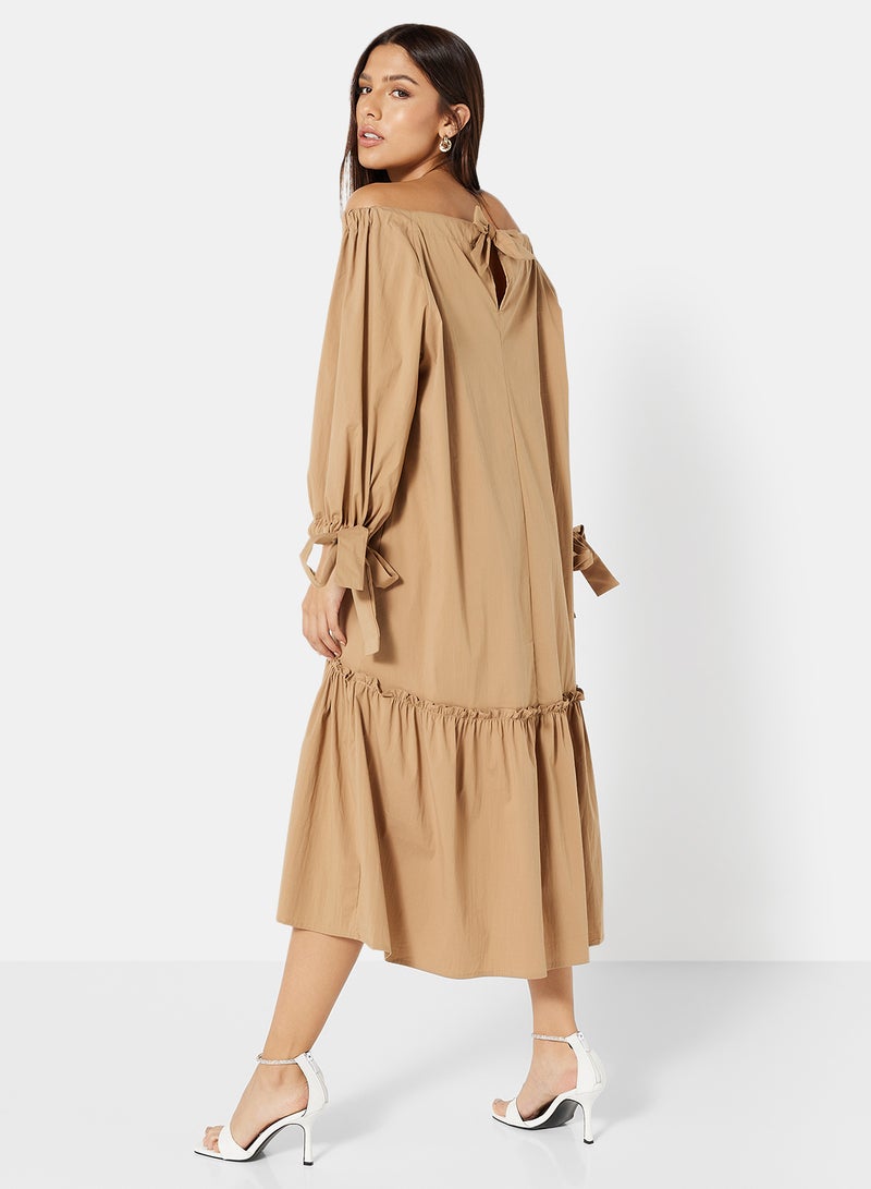 Tie Sleeve Midi Dress Brown