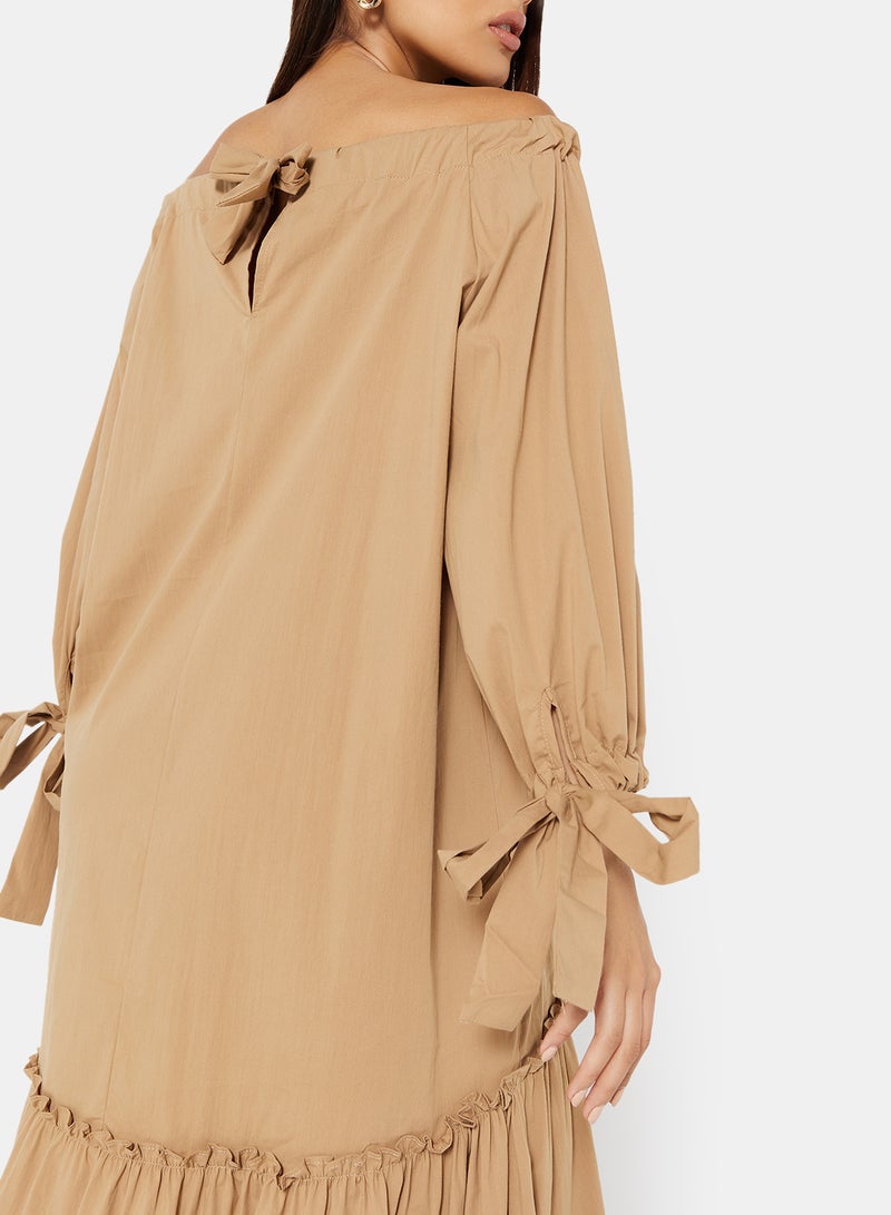 Tie Sleeve Midi Dress Brown