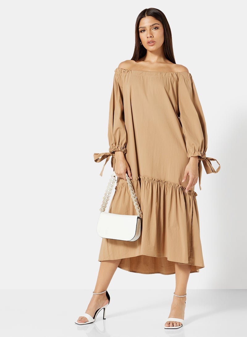 Tie Sleeve Midi Dress Brown