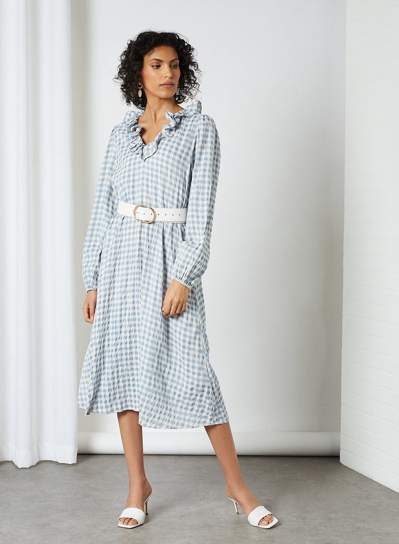 Ruffled Neckline Checked Dress Birch