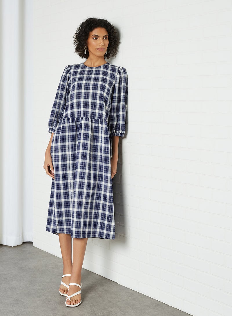 Gather Detailed Checked Dress Blue Depths