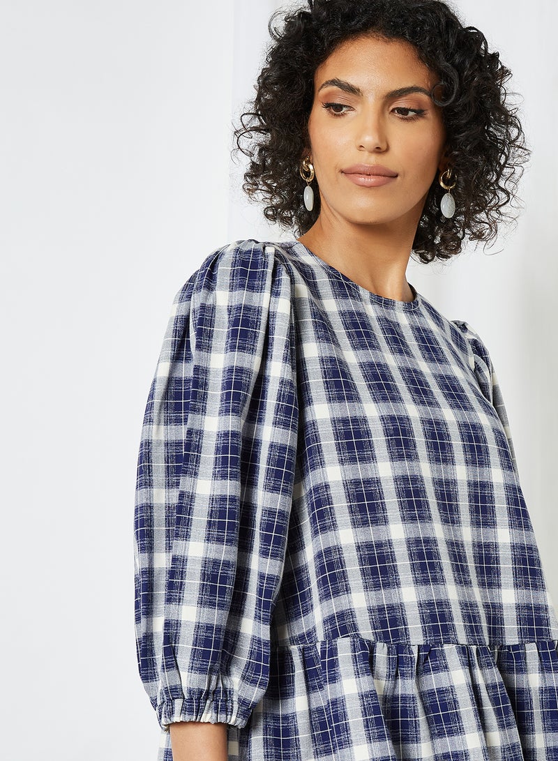 Gather Detailed Checked Dress Blue Depths