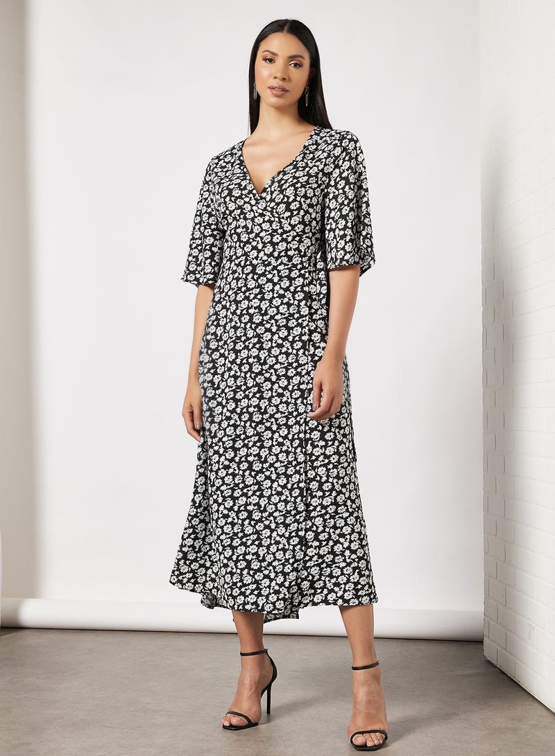 Floral Print Midi Dress Black/White