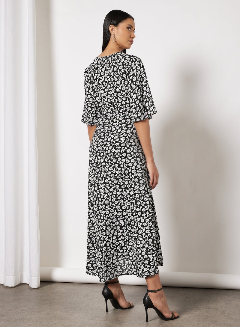 Floral Print Midi Dress Black/White